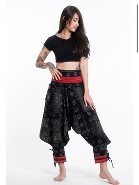 Black Harem Pants with Red Waistband and Cuff